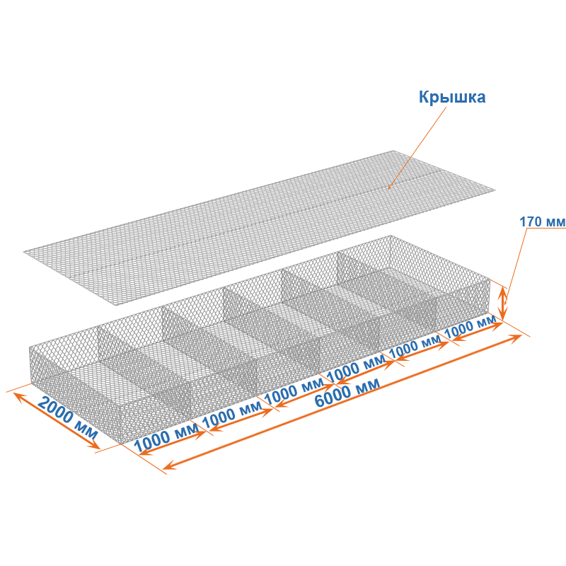 Габион матрац ГСИ-М 6х2х0,17 оцинкованный, Ø проволоки 2,7 мм, размер ячейки 8х10 см фото